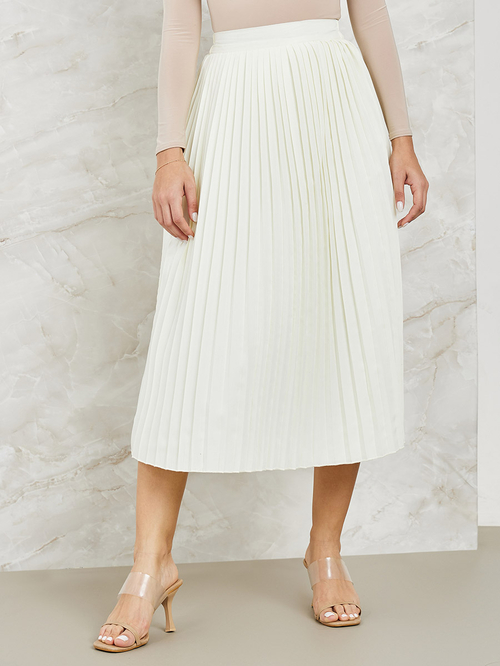 Pleated midi skirt cream shop