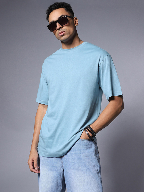 Buy Relaxed Fit Drop Shoulder Longline T Shirt Blue For Men Styli UAE
