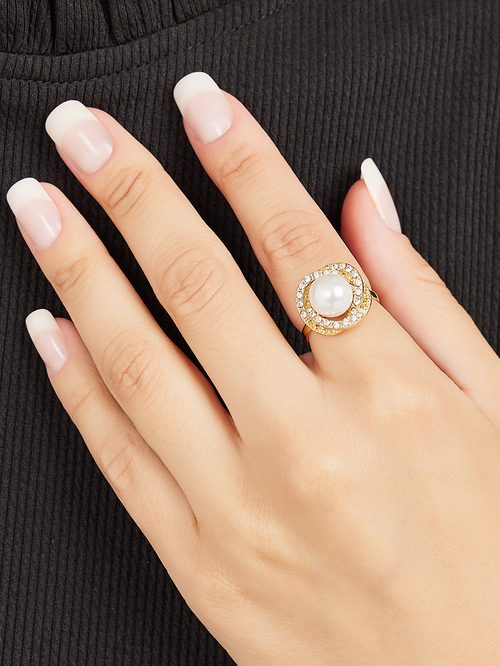 Buy Embellished Faux Pearl Ring Gold For Women Styli UAE
