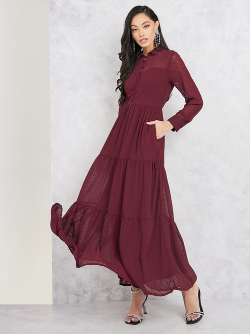 Buy Dobby Collared Tiered Maxi Dress with Pocket Detail Maroon For Women Styli Kuwait