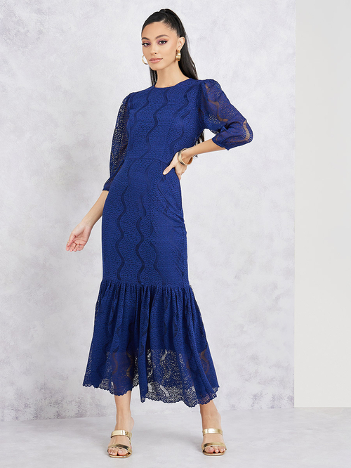 Buy Lace Detail Mermaid Midi Dress Navy Blue For Women Styli Saudi
