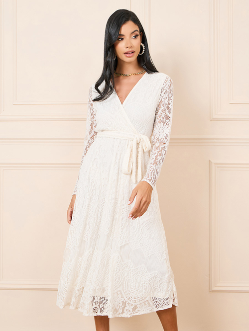 Buy All Over Lace A Line Midi Dress with Tie Up Belt Cream For Women Styli Saudi