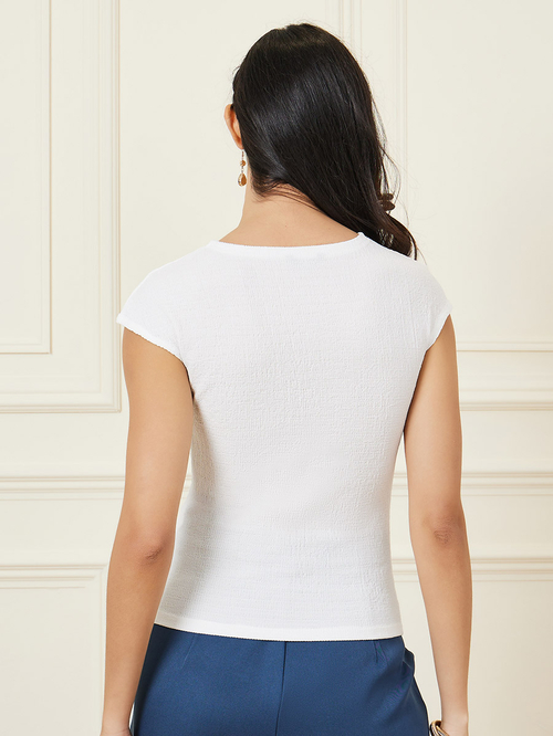 Buy Textured Cap Sleeve Fitted T Shirt Off White For Women Styli Saudi