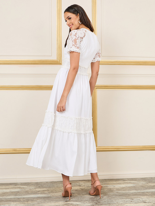 Buy Lace Detail Button Detail Aline Maxi Dress White For Women Styli Kuwait