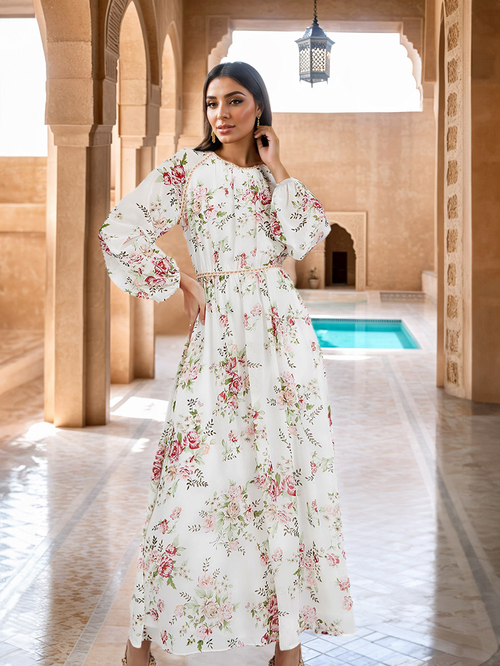Buy Floral Print Lace Detail A Line Maxi Dress Multi For Women Styli Kuwait