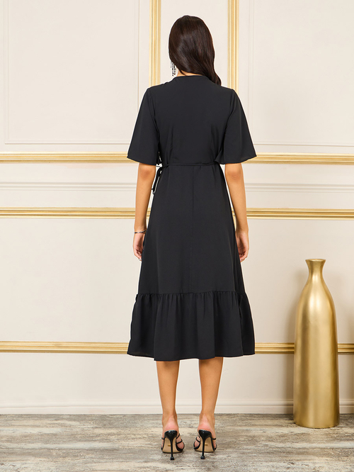Buy Embellished Yoke Wrap Midi Dress Black For Women Styli Kuwait