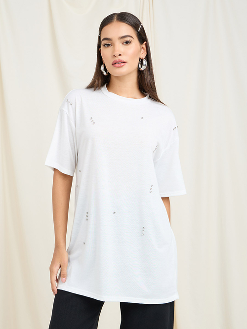 Buy Oversized Embellished Longline T Shirt White For Women Styli UAE