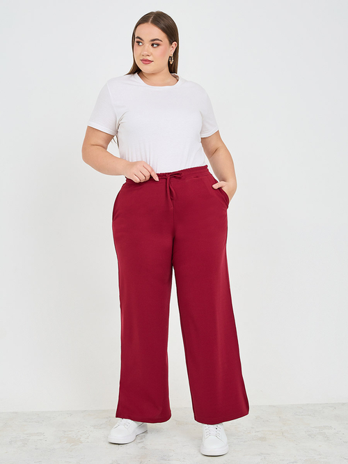 Buy Plus Size Solid Wide Leg Joggers Red For Women Styli Kuwait