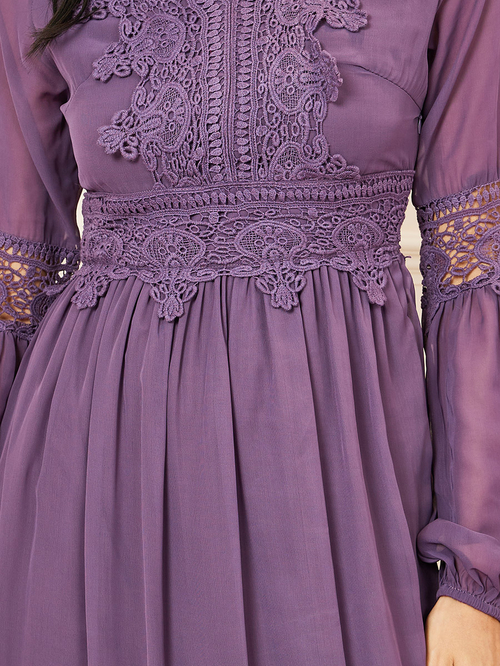 Buy Embroidered Ruffle Hem A Line Midi Dress Purple For Women Styli UAE
