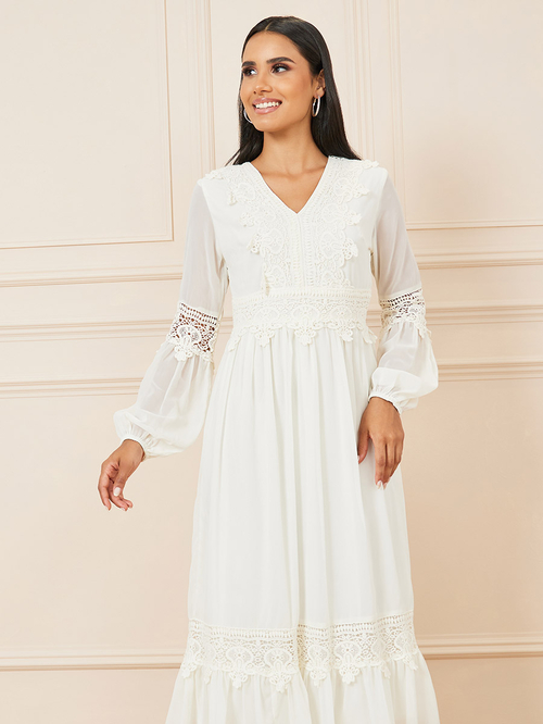 Buy Embroidered Lace Ruffle Hem A Line Midi Dress White For Women Styli UAE