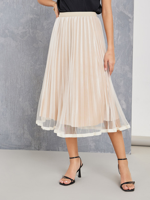 Buy Mesh Insert Pleated A Line Midi Skirt Beige For Women Styli Kuwait