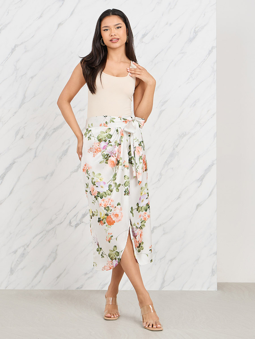 Buy Satin Floral Print Wrap Midi Skirt Cream For Women Styli Saudi