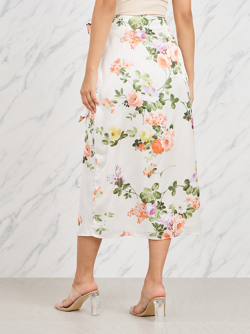 Buy Satin Floral Print Wrap Midi Skirt Cream For Women Styli Saudi