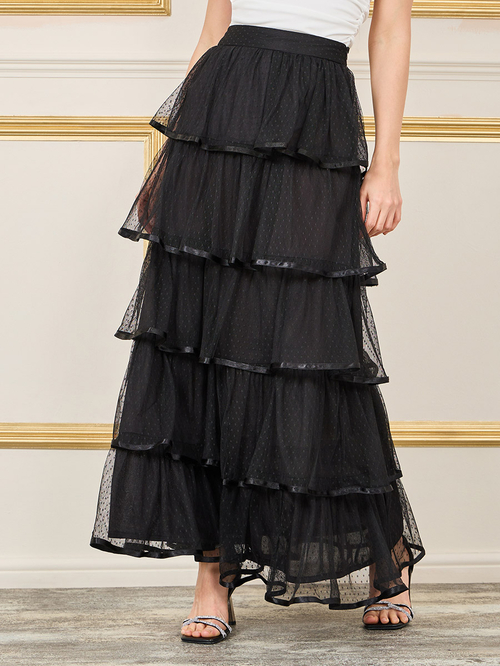 Buy Swiss Dobby Mesh Layer Tiered Maxi Skirt Black For Women Styli Saudi