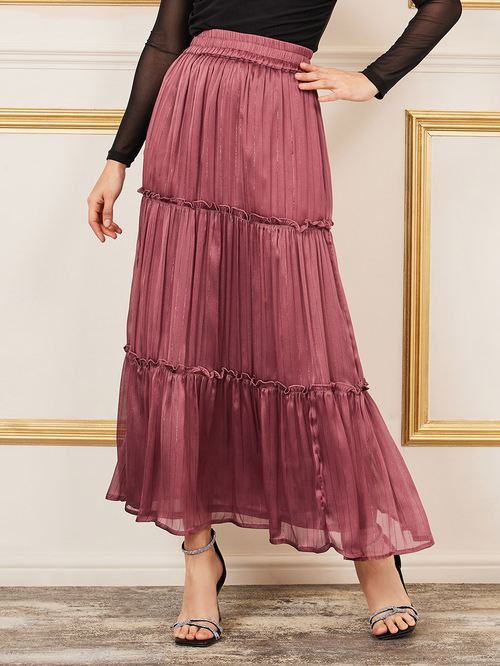 Buy Lurex Striped Ruffle Detail Tiered Maxi Skirt Purple For Women Styli UAE