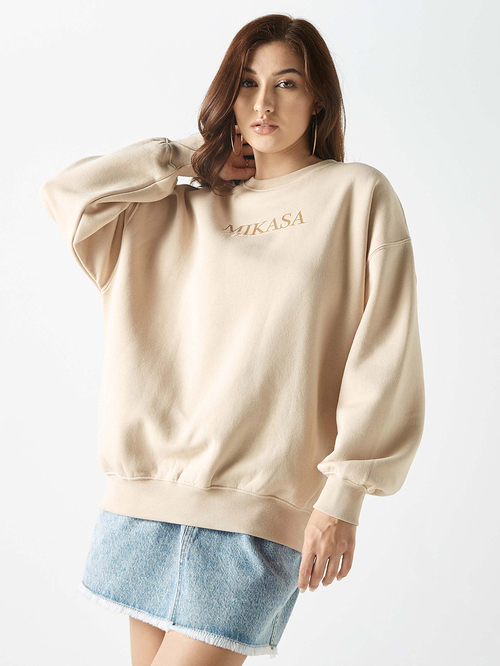 Buy Oversized Mikasa Back Graphic Print Sweatshirt Beige For Women Styli UAE