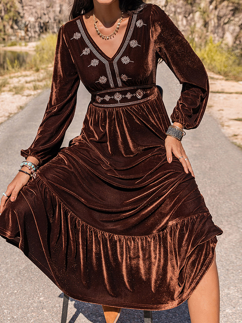 Buy Embroidery Detail Ruffle Hem Velvet Midi Dress Coffee Brown For Women Styli UAE