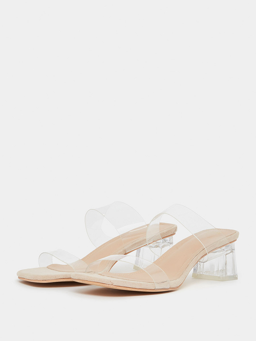 Buy Clear Double Strap Block Heel Sandals Cream For Women Styli UAE