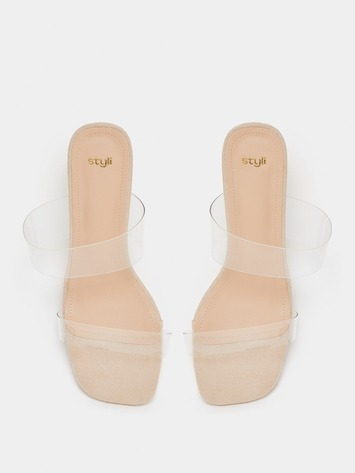 Clear block heel two strap sandal best sale
