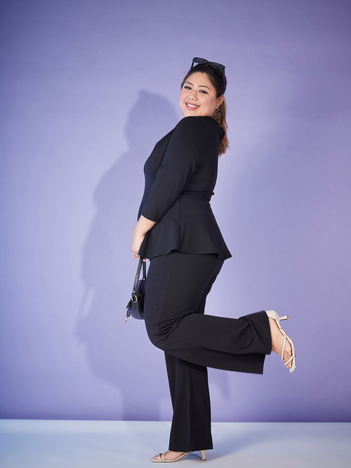Buy Plus Keyhole Neck Peplum Top Bell Bottom Pants Co Ords Black For Women Styli UAE