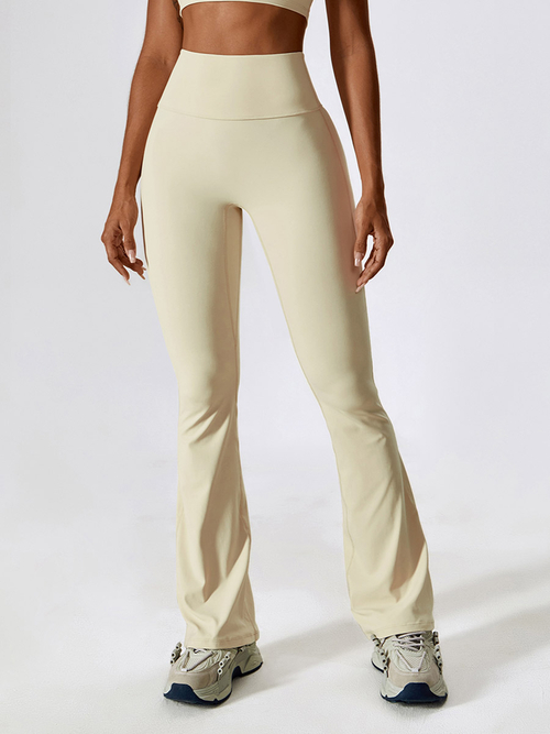 Buy Broad Waist Scrunch Detail Flare Yoga Pants Cream For Women Styli UAE
