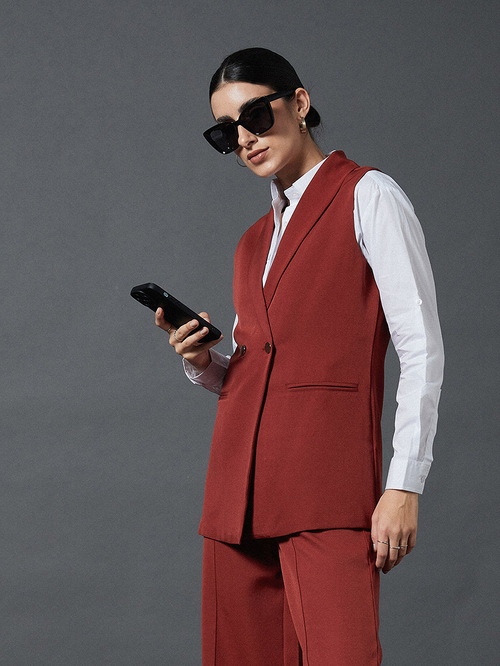 Buy Double Breasted Sleeveless Longline Blazer Rust For Women Styli UAE