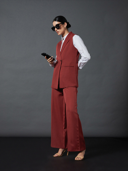 Buy Double Breasted Sleeveless Longline Blazer Rust For Women Styli UAE