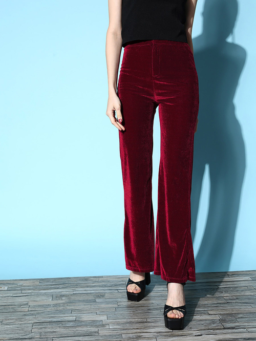 Buy Velvet Bell Bottom Pants Burgundy For Women Styli Kuwait