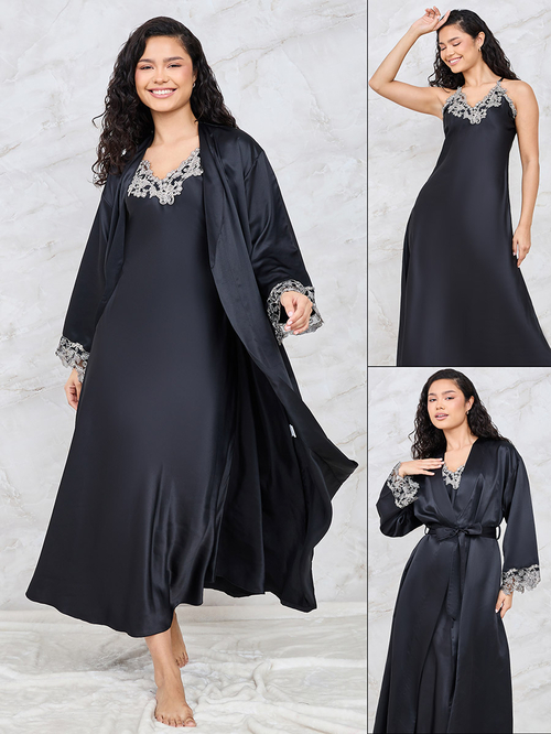 Buy Pack of 2 Embroidered Trim Maxi Slip Dress Robe Black For Women Styli UAE