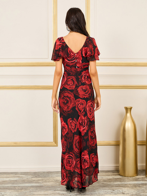 Buy Rose Print Cape Sleeves V Neck A Line Maxi Dress Red For Women Styli Bahrain