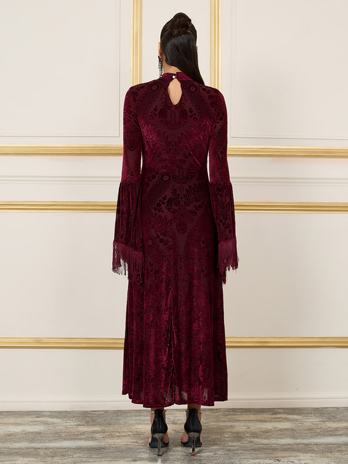 Buy Velvet Boho Print Tassel Trim Sleeves A Line Maxi Dress Burgundy For Women Styli Saudi