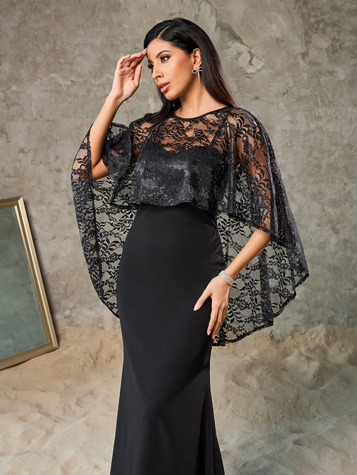 Buy All Over Lace Cape Overlay Mermaid Maxi Dress Black For Women Styli Kuwait