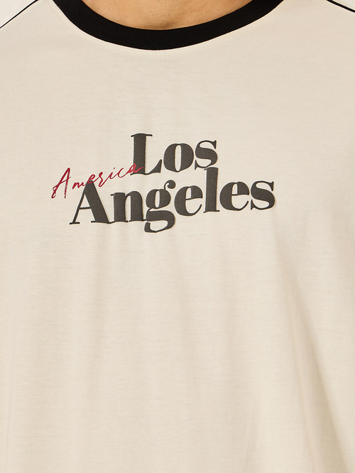 Buy Compact Jersey Piping Shoulder Detail Oversized T-Shirt with Chest  Print Cream For Men | Styli Saudi