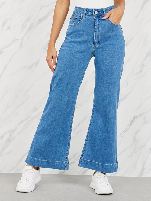 Buy High Rise Flared Wide Leg Ankle Length Jeans Medium Blue For Women Styli UAE