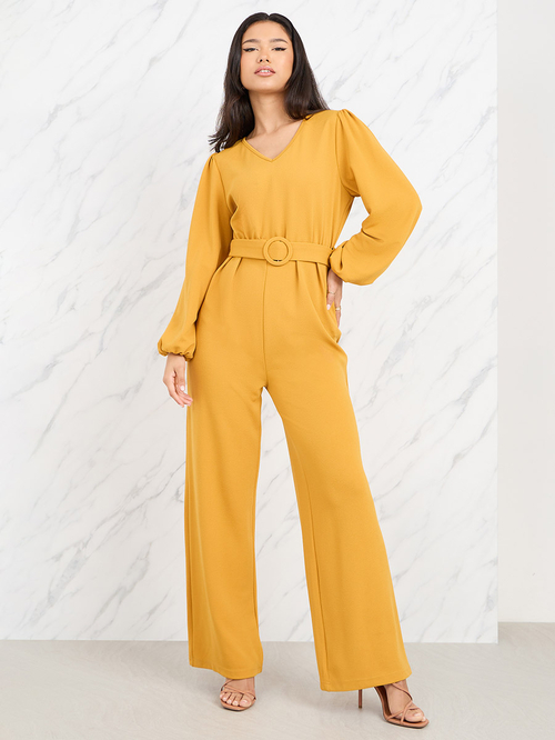 Buy Textured Knit Belted Wide Leg Jumpsuit Mustard For Women Styli Saudi