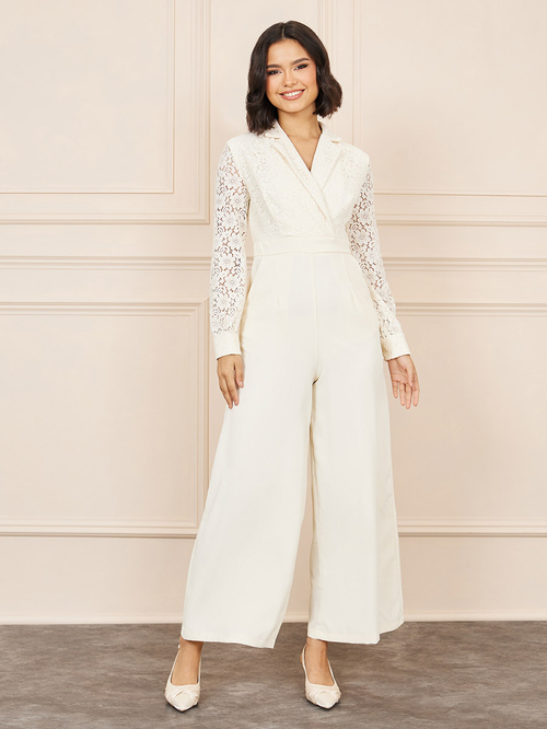 Buy Lace Notch Lapel Neck Wide Leg Jumpsuit Cream For Women Styli Saudi