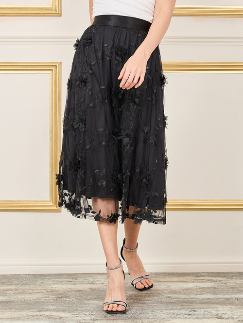 Buy Floral Applique Embroidered Mesh A Line Midi Skirt Black For Women Styli Saudi