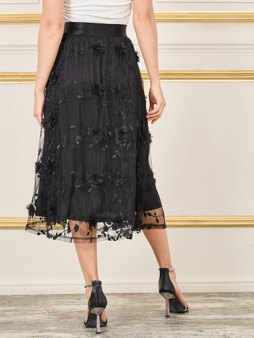 Buy Floral Applique Embroidered Mesh A Line Midi Skirt Black For Women Styli Saudi