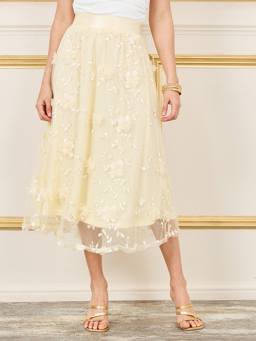 Buy Floral Applique Embroidered Mesh A Line Midi Skirt Cream For Women Styli Saudi