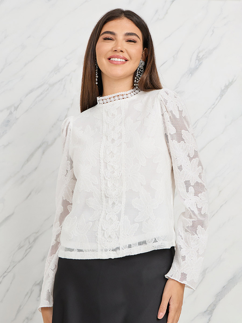 Buy Floral All Over Lace High Neck Long Sleeve Blouse White Buy Floral All Over Lace High Neck Long Sleeve Blouse White