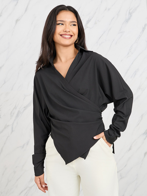 Collared Batwing Sleeves Wrap Top