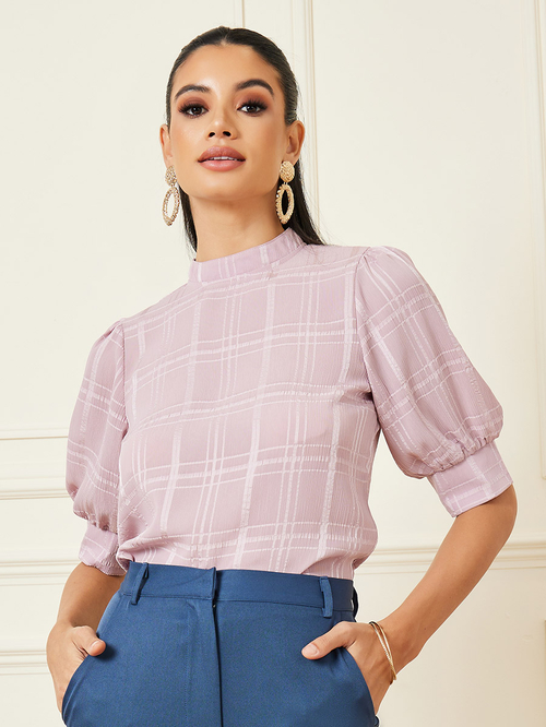 Buy Plaid Print Blouse with Puff Sleeve Purple For Women Styli UAE
