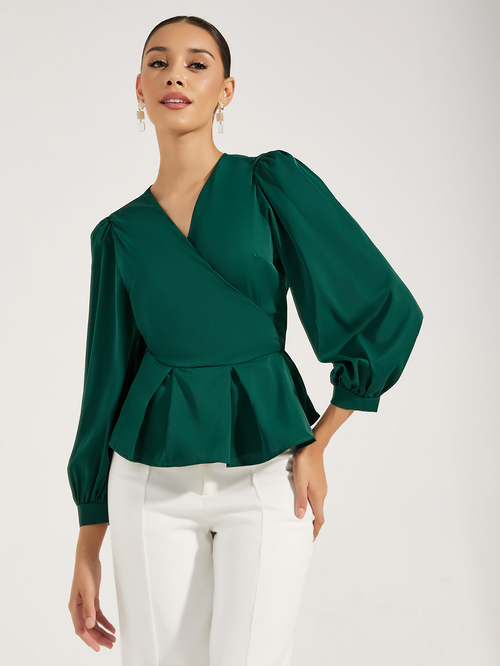 Buy V Neck Peplum Wrap Top with Tie Waist Green For Women Styli Kuwait