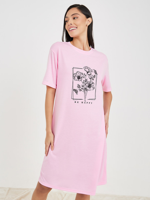 Buy Be Happy Floral Print Sleep T shirt Dress Pink For Women Styli Saudi