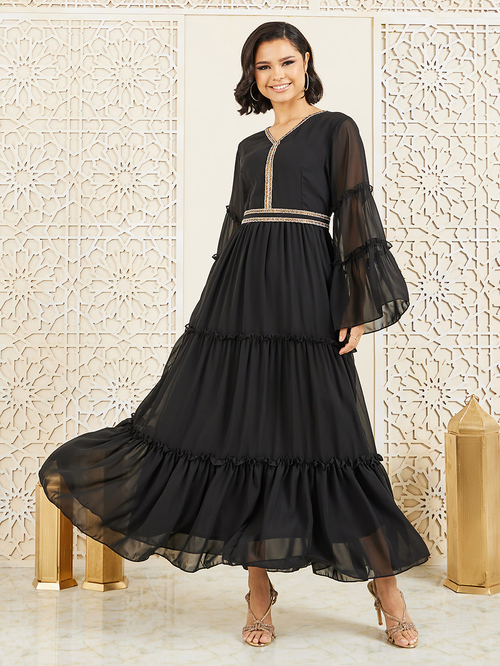 Embroidered black maxi dress sales