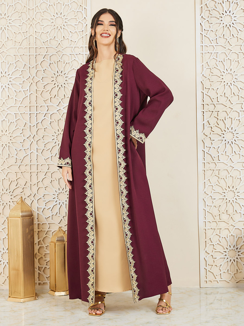 Buy Embroidered Lace Trim Abaya Burgundy For Women Styli Saudi