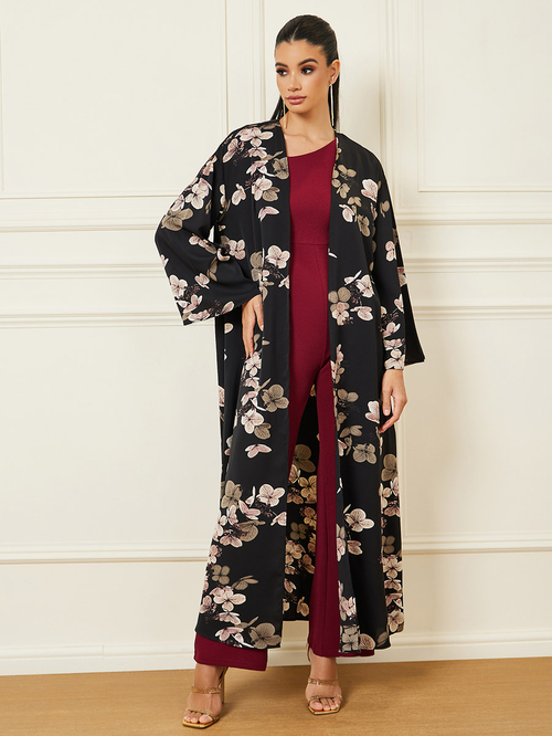Buy Floral Print Maxi Length Kimono Black For Women Styli Saudi