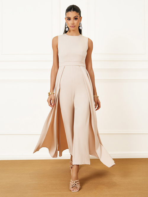 Buy Straight Leg Tailored Jumpsuit with Layered Skirt Beige For Women Styli Saudi