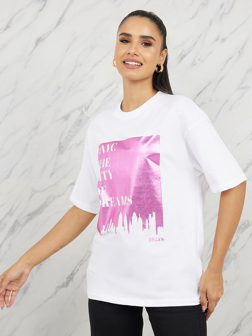 Buy Oversized Graphic Foil Print Longline T shirt White For Women Styli UAE