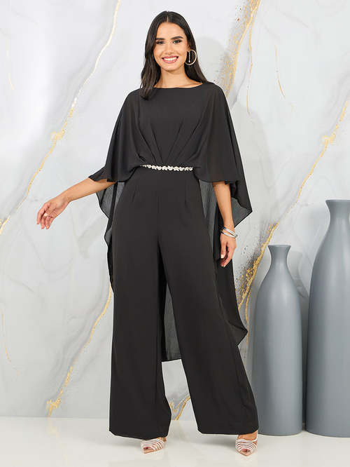 Buy Embellished Belt Cape Style Wide Leg Chiffon Jumpsuit Black For Women Styli Saudi